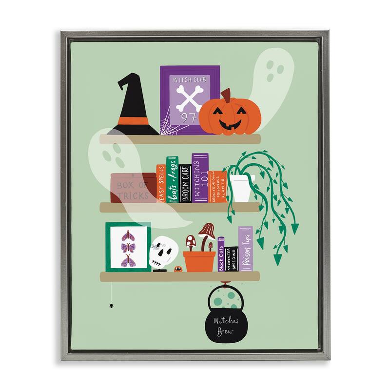 Stupell Witchy Halloween Bookshelf Framed Floater Canvas Wall Art Design By Sazerelli Designs - 17 x 21 - Grey