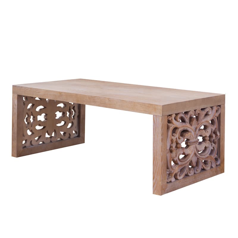 47.2" Solid Black Carved Wood Coffee Table - Handcrafted Look with Ornate Side Panels