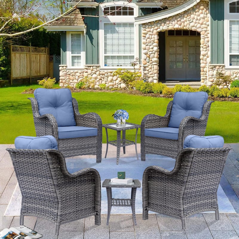 6 Piece Outdoor Wicker Rattan Patio Conversation Furniture Chairs Sets - Denim Blue-Gray Rattan