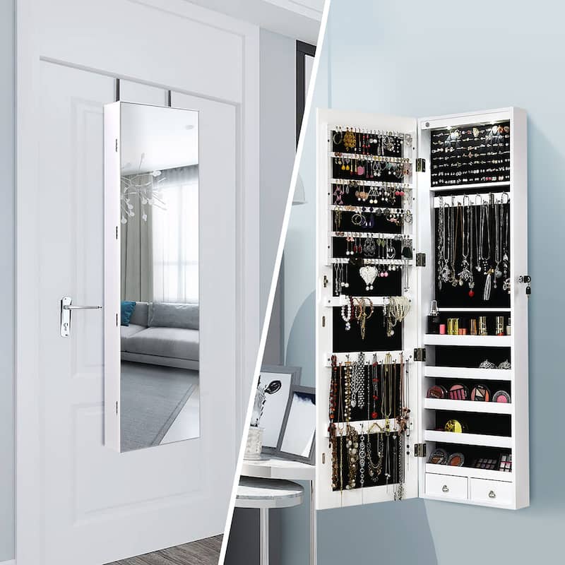 Costway Mirrored Wall & Door Mounted Jewelry Cabinet Storage Organizer - See Details - White
