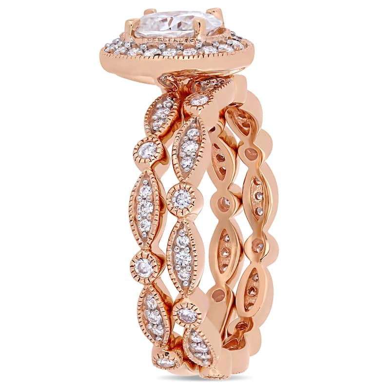 Miadora 1 1/2ct DEW Oval-cut Moissanite Halo Vintage Bridal Ring Set in 10k Rose Gold