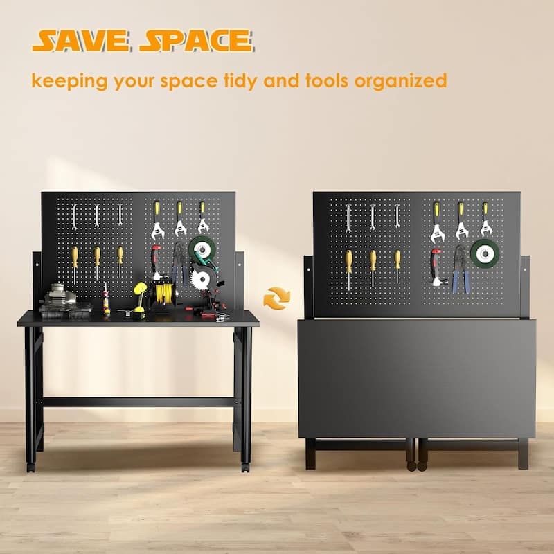 Heavy-Duty Wall-Mounted Workbench with Pegboard for Garage, Workshop - N/A