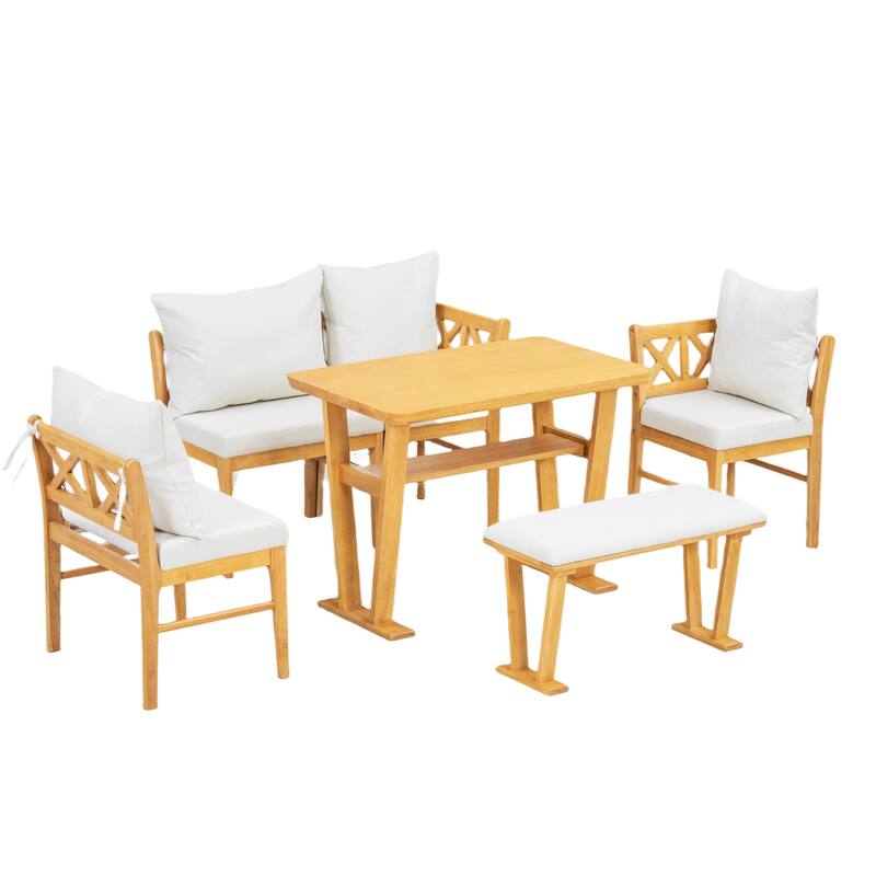 6-Piece Modular Farmhouse Dining Set – Natural Wood Table with Cream Upholstered Chairs, Modern Rustic Ensemble