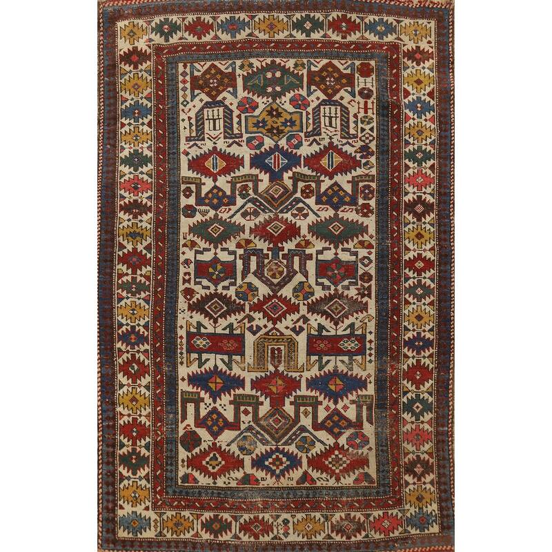Hand Knotted Oriental 100% Wool Carpet Traditional Tribal Beige & Ivories Kazak Area Rug - 4' 11'' X 3' 4''