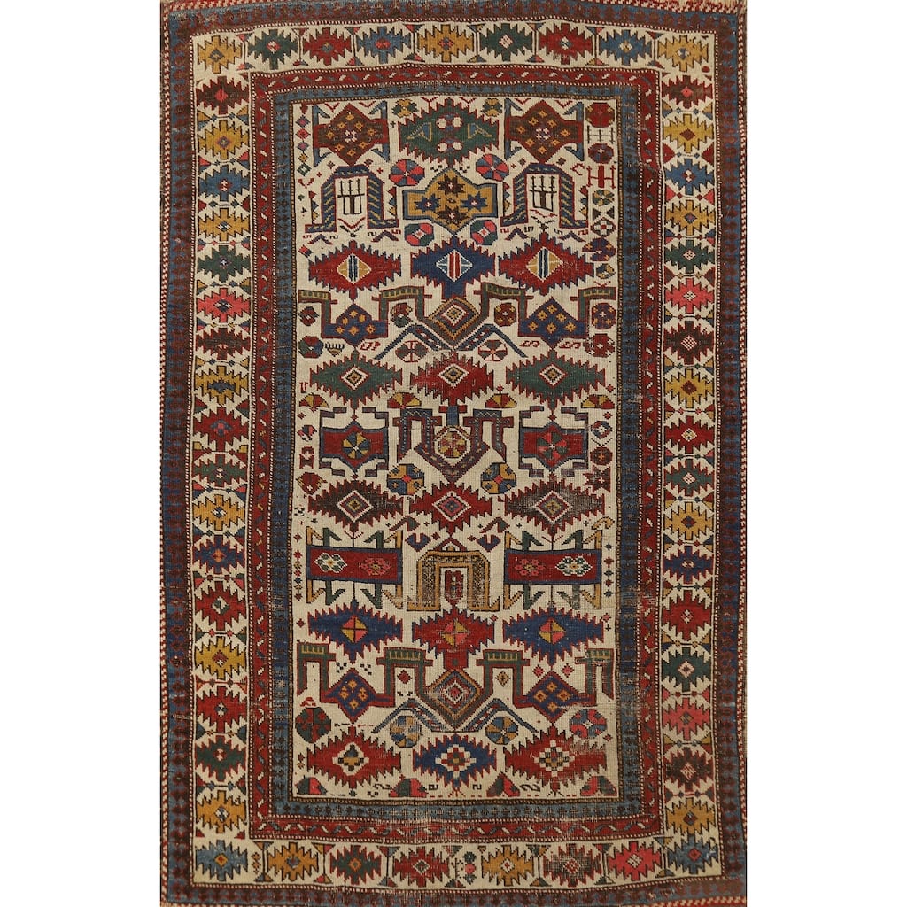 Hand Knotted Oriental 100% Wool Carpet Traditional Tribal Beige & Ivories Kazak Area Rug - 4' 11'' X 3' 4''