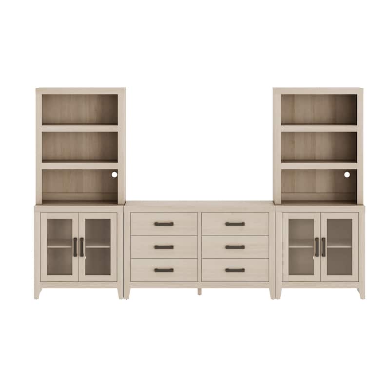 WAMPAT Farmhouse Entertainment Center with Bookshelves, Media Console with Glass Doors & 6 Storage Drawers