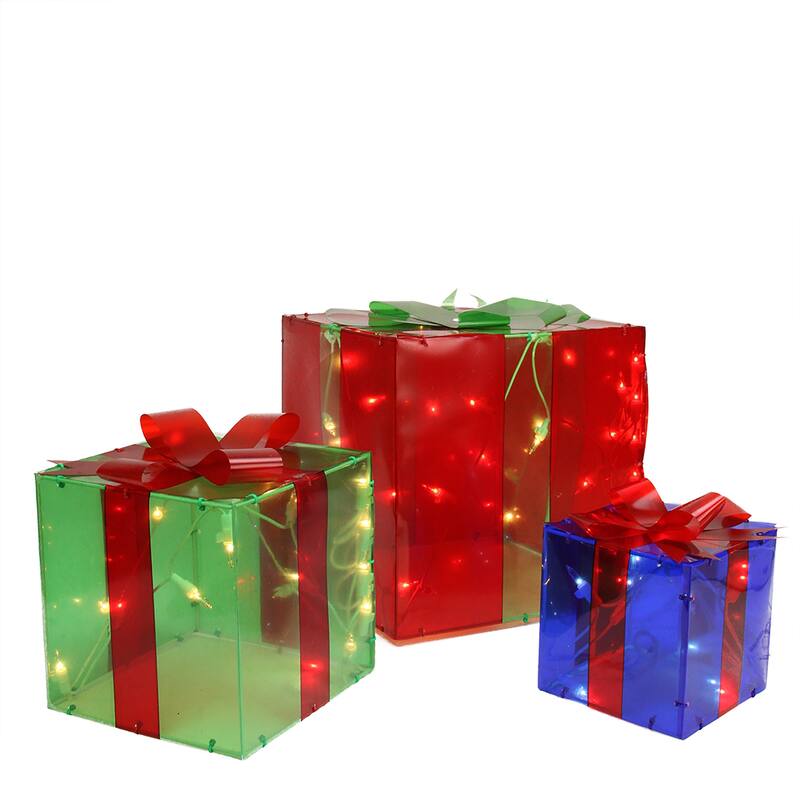 Set of 3 Red Green Lighted Gift Box Outdoor Patio Christmas Decor 10"