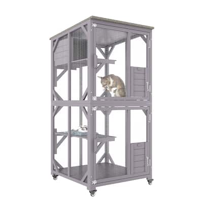 Cat House Outdoor, 3-Tier Large Catio, Cat Enclosure with 360° Rotating Casters - 29.9x34x53.5 inches