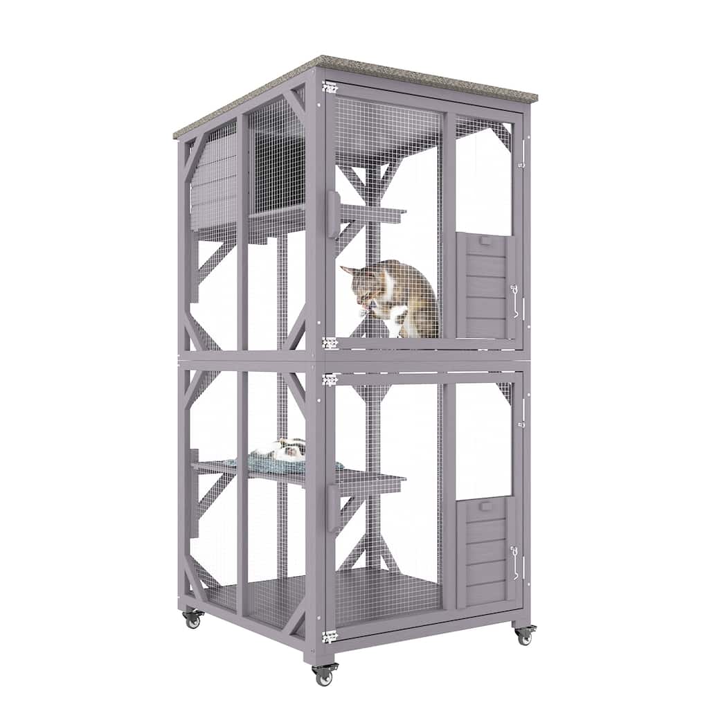 Cat House Outdoor, 3-Tier Large Catio, Cat Enclosure with 360° Rotating Casters - 29.9x34x53.5 inches