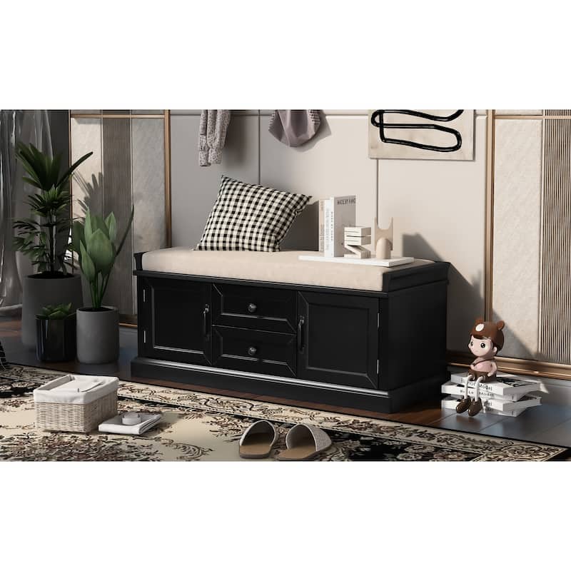 Modern Storage Bench with 2 Storage Drawers and 2 Cabinet Doors, Removable Cushion for Home Entryway and Lounge