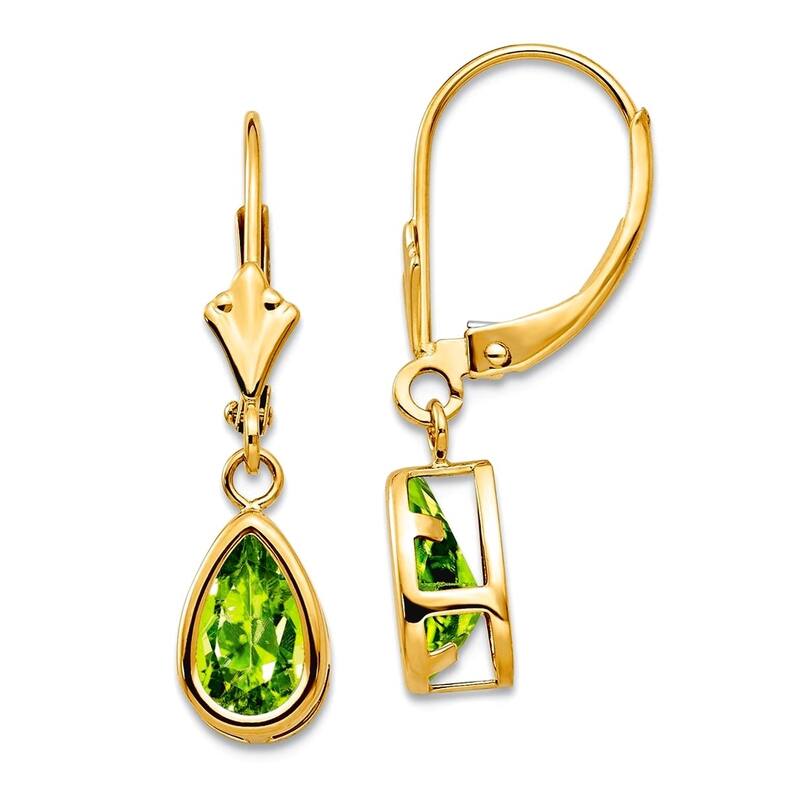 Curata 14k Yellow Gold 8x5mm Bezel Pear Gemstone Leverback Earrings - 26x7mm - Peridot