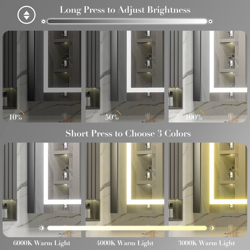 KIOTEE LED Lighted Recessed or Surface Mount Medicine Cabinet Mirror with Dimmable Light and Socket