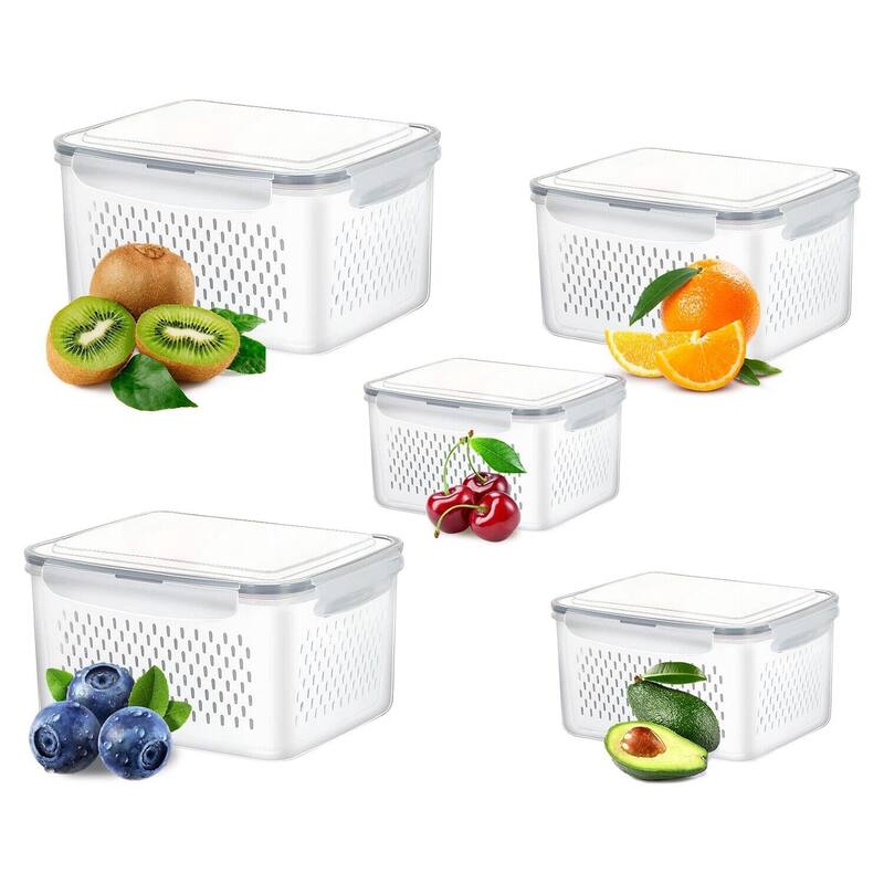 5 Pcs Fridge Fruit Veg Containers with Lids & Colanders On Sale Bed