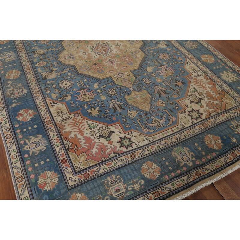Geometric Blue Tabriz Persian Vintage Area Rug Handmade Wool Carpet - 6'6"x 9'8"