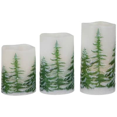 LED Flameless Frosted Pines Flickering Wax Pillar Christmas Candles - 6" - Set of 3