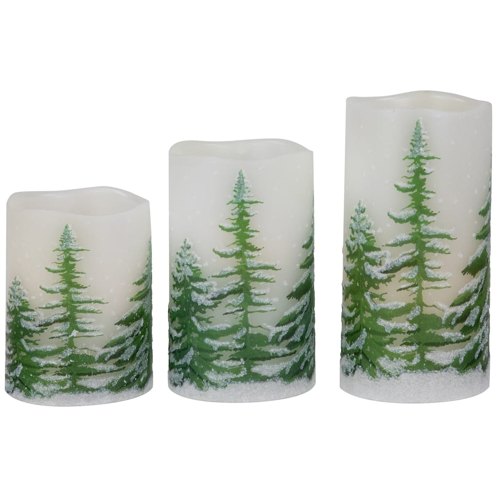 LED Flameless Frosted Pines Flickering Wax Pillar Christmas Candles - 6" - Set of 3
