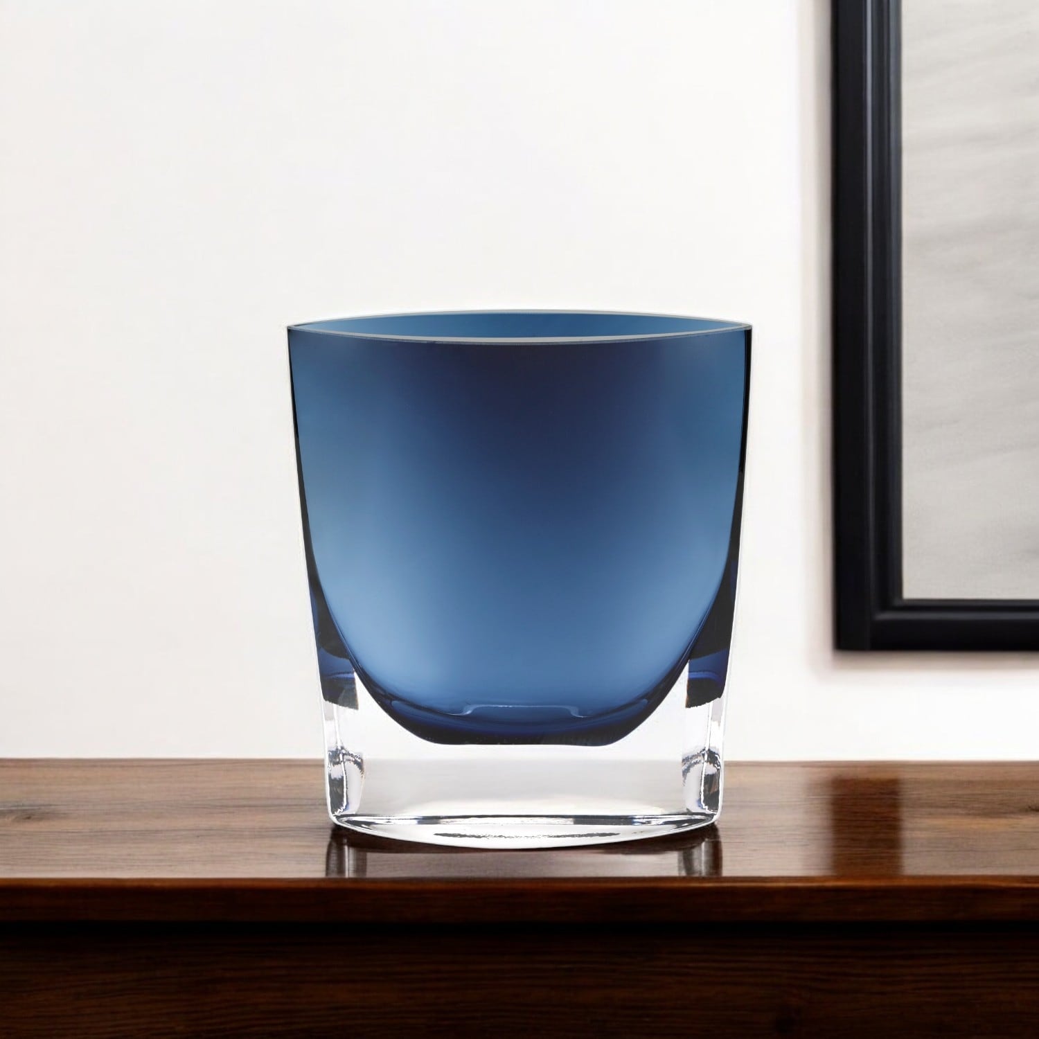 HomeRoots 8" Midnight Blue And Clear Oval Crystal Glass Table Vase