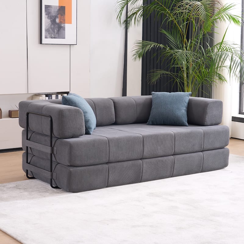 78.5" Folding Sofa Bed with 2 Pillows, Convertible Foam Futon Couch, Corduroy Fold-Out Couch for Living Room, Office