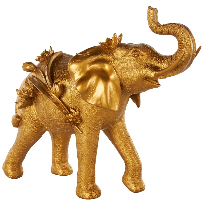 Gold Resin Walking Elephant Decorative Sculpture with Floral Accents - 9"W x 22"L x 19"H