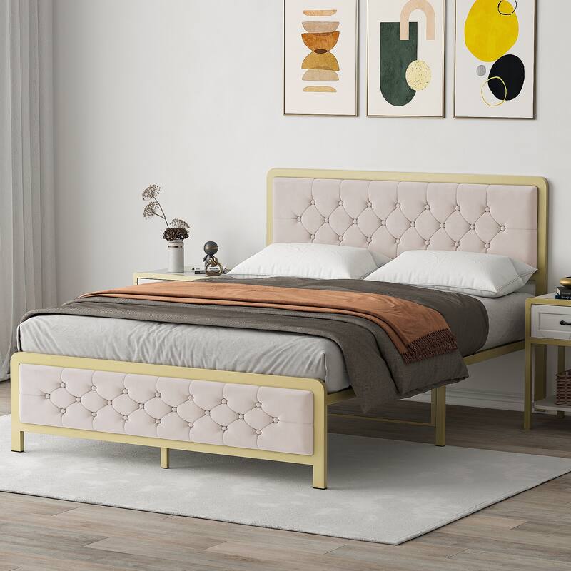 Upholstered Platform Bed Frame with Velvet Button-Tufted Headboard
