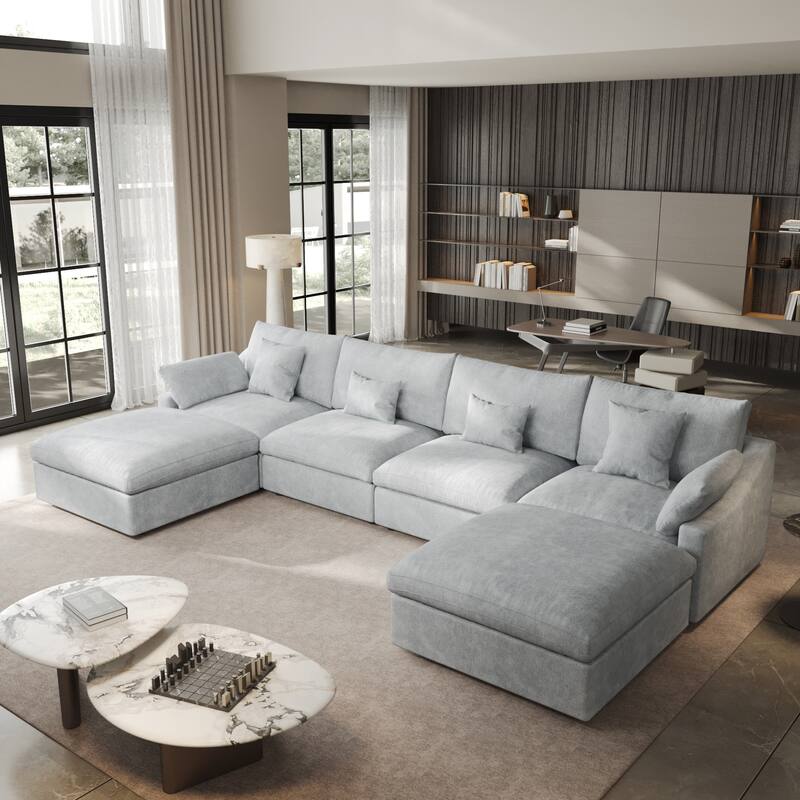 Minimalist Linen Sectional Sofa Down Filled Cloud Couch, U-Shape Deep Seat Couch with Cushions - Grey