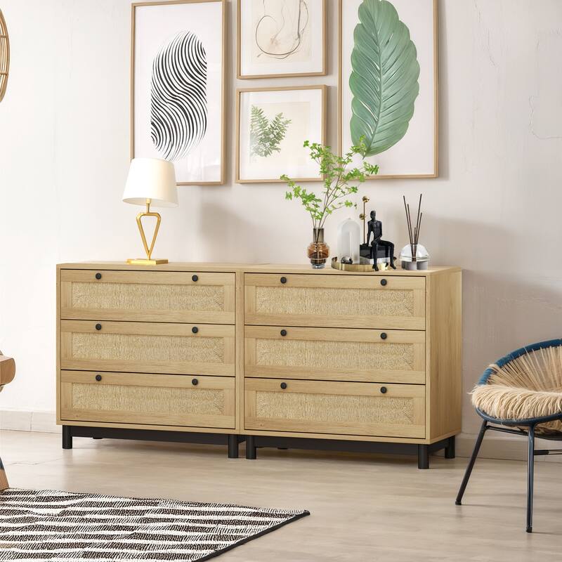 Rustic 3-Drawer Storage Cabinets with Rope Woven Drawers - Set of 2