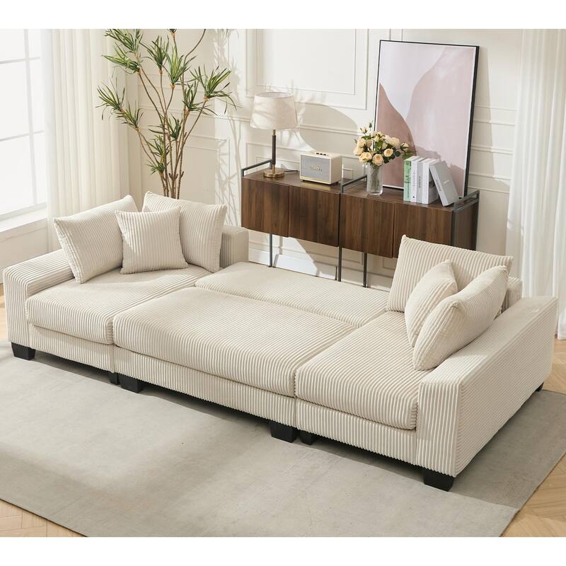 U Shaped Sofa Convertible Pull Out Sleeper Sofa Bed, 2 in 1 Recliner Sectional Couch, Corduroy Upholstery Daybed with Pillow