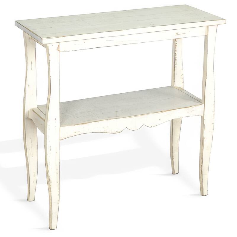 Rena Side End Table, Scallop Trim, 28 Inch Distressed White Mahogany