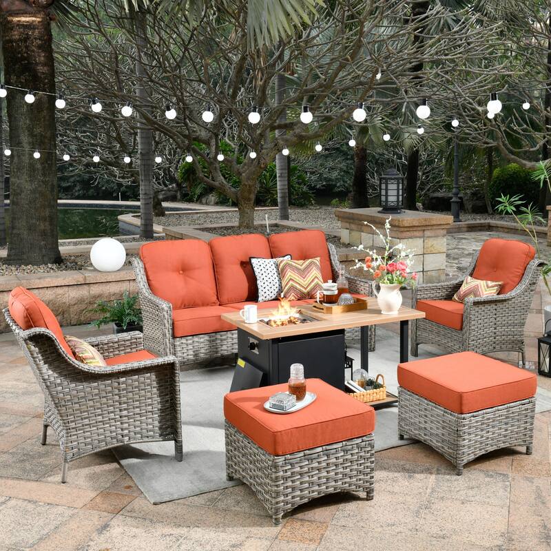 XIZZI 6-piece Wicker Patio Furniture Conversation Seating Set with Fire Pit - Red