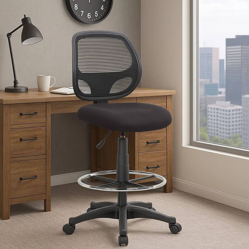 Lem Swivel Office Stool, Chrome Footring, Black Mesh Back, Rolling