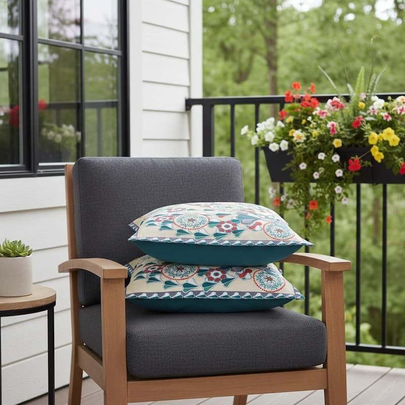 HomeRoots Set of Two 16" X 16" Green and Red Peacock Blown Seam Floral Indoor Outdoor Throw Pillow - 16.00' X '16.00' X '5.00 - Green/Red - 16.00' X '16.00' X '5.00