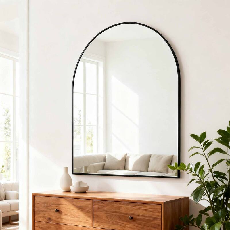 30x36 Inch Metal Framed Arched Bathrrom Mirror for Wall - Black