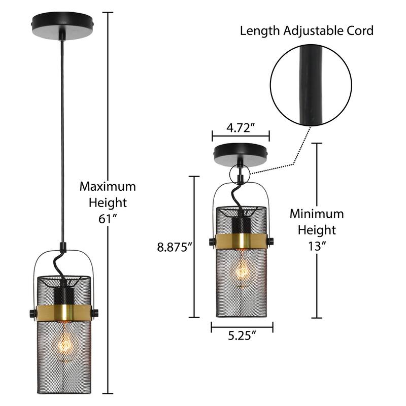 Alan River of Goods Black and Gold Metal Mesh Drum Shade 5.25-Inch Pendant Light - 5.25" x 5.25" x 13/61"