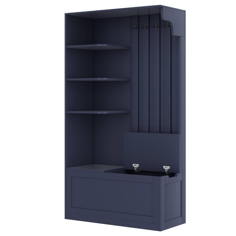 Multifunctional Left-Right Combination Hall Cabinet With Storage And 4 Hooks, Storage Cabinet/ Hall Tree 2 In 1