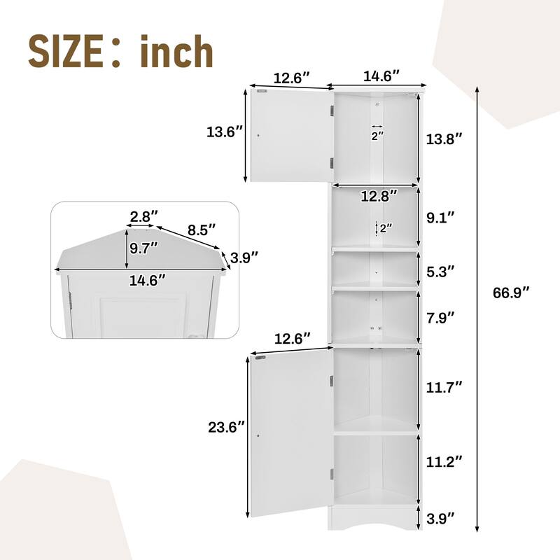 64" MDF 2-door Bathroom Corner Cabinet with Adjustable Shelves