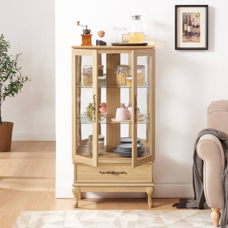 Vintage Display Cabinet with 2 Doors, Adjustable Glass Shelves and 1 Drawer