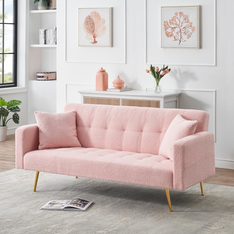 Folding Couch Teddy Fleece Sleeper Sofa Bed with Pillows and Metal Leg