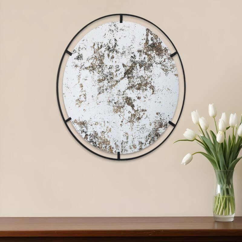 Black Iron Round Wall Mirror with Antique Finish, Vertical Accent Design - 0.7” x 31.5” x 31.5” (D x W x H)