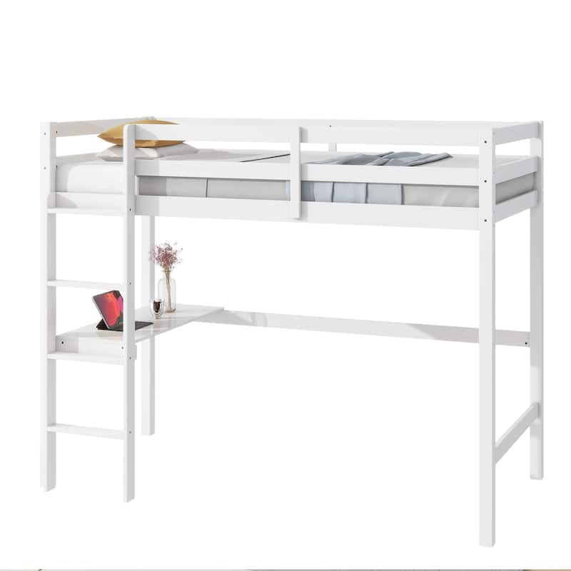 Twin High Loft Bed with Built-in Desk, Safety Guardrail, and Ladder, White