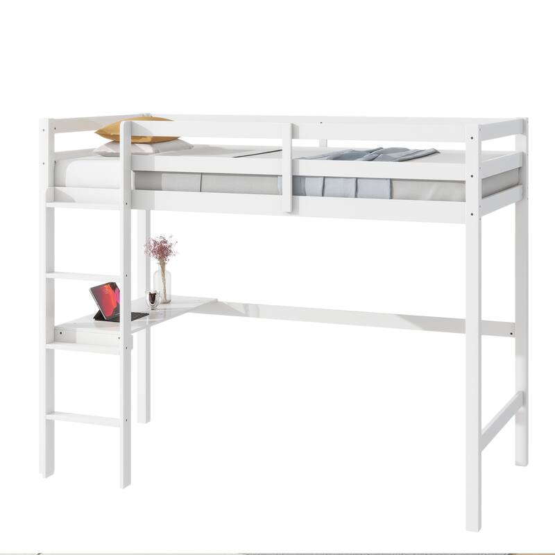 Twin Size High Loft Bed with Desk Underneath, Rubberwood Frame, Safety Guardrail and Ladder for Teens, Kids, Dorm or Bedroom