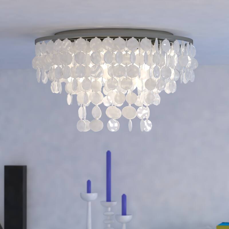 Elsa 24-in W Satin Nickel Capiz Shell Coastal Flush Mount Ceiling Light Fixture - 24-in W x 14-in H x 24-in D - Satin Nickel - 24-in W x 14-in H x 24-in D