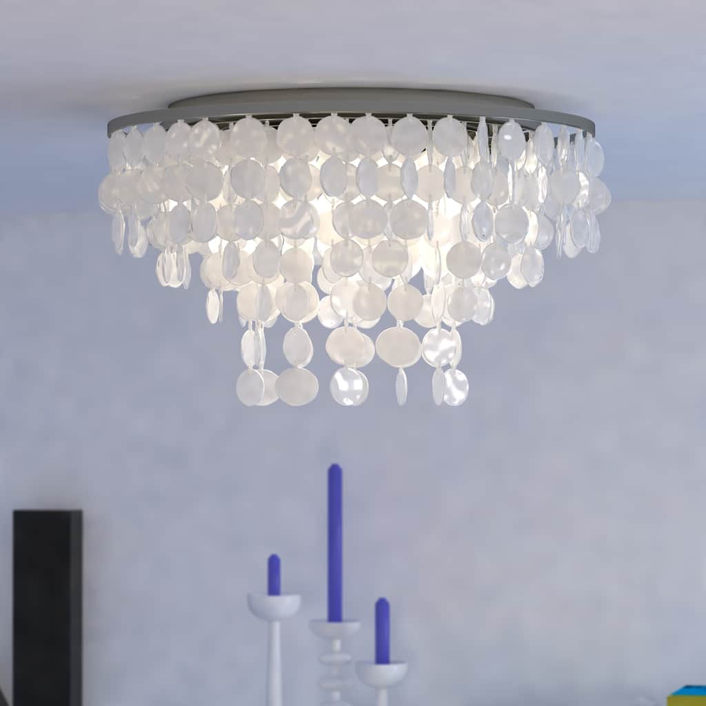 Elsa 24-in W Satin Nickel Capiz Shell Coastal Flush Mount Ceiling Light Fixture - 24-in W x 14-in H x 24-in D