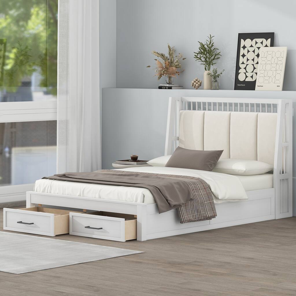 Full Size Wood Platform Bed with Upholstered Headboard and 2 Drawers, White