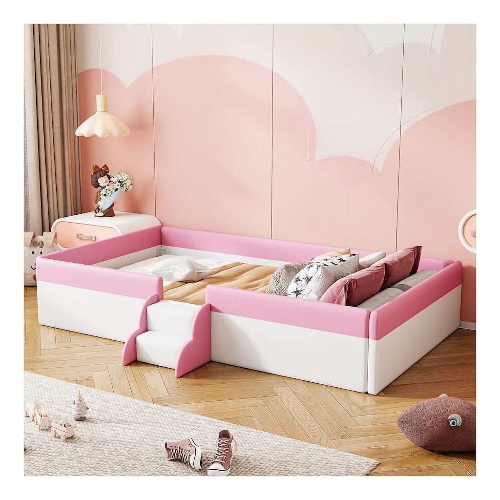 Upholstered Daybed with Enclosed Fence and Sturdy Stairs,for Relaxing and Playful Home Moments
