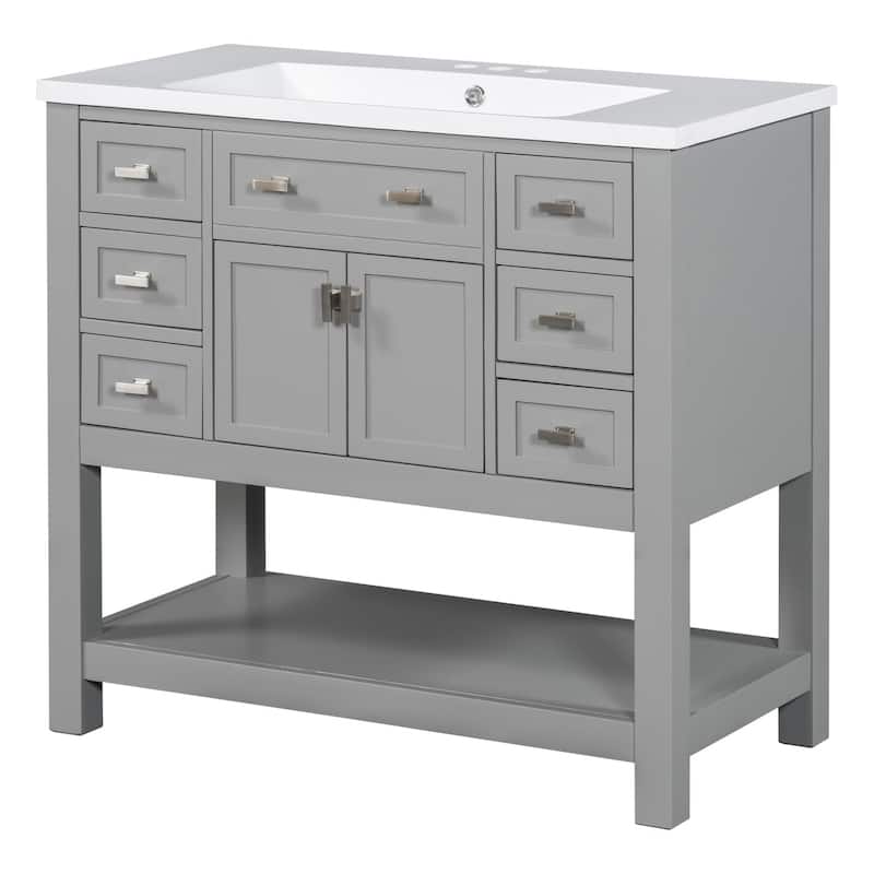 Plywood Freestanding Bathroom Vanity Set in Maple with Integrated Ceramic Sink with Drain - 36" x 18"