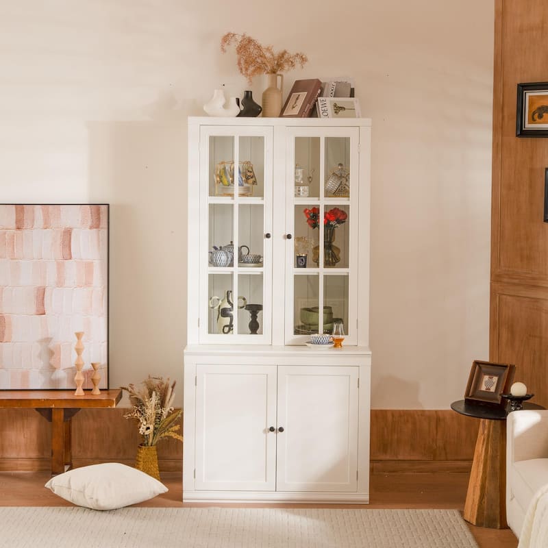 Roomfitters 75.25'' Pantry Cabinet Set with Glass Doors, Farmhouse Display Hutch Wall Storage Cabinet for Kitchen, White