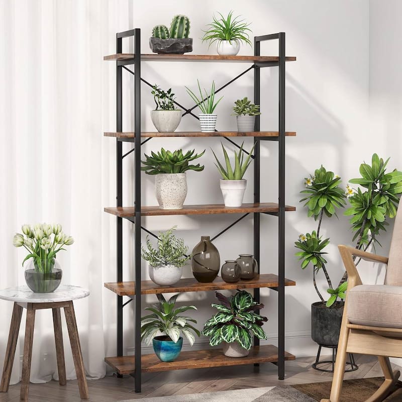 Modern Industrial 5 Tier Bookcase with Rustic Brown Shelves and Black Metal X Back Frame - 31.49" x 11.02" x 62.99" - Black