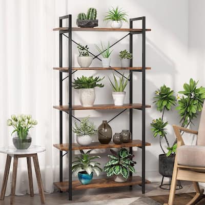 Modern Industrial 5 Tier Bookcase with Rustic Brown Shelves and Black Metal X Back Frame - 31.49" x 11.02" x 62.99"