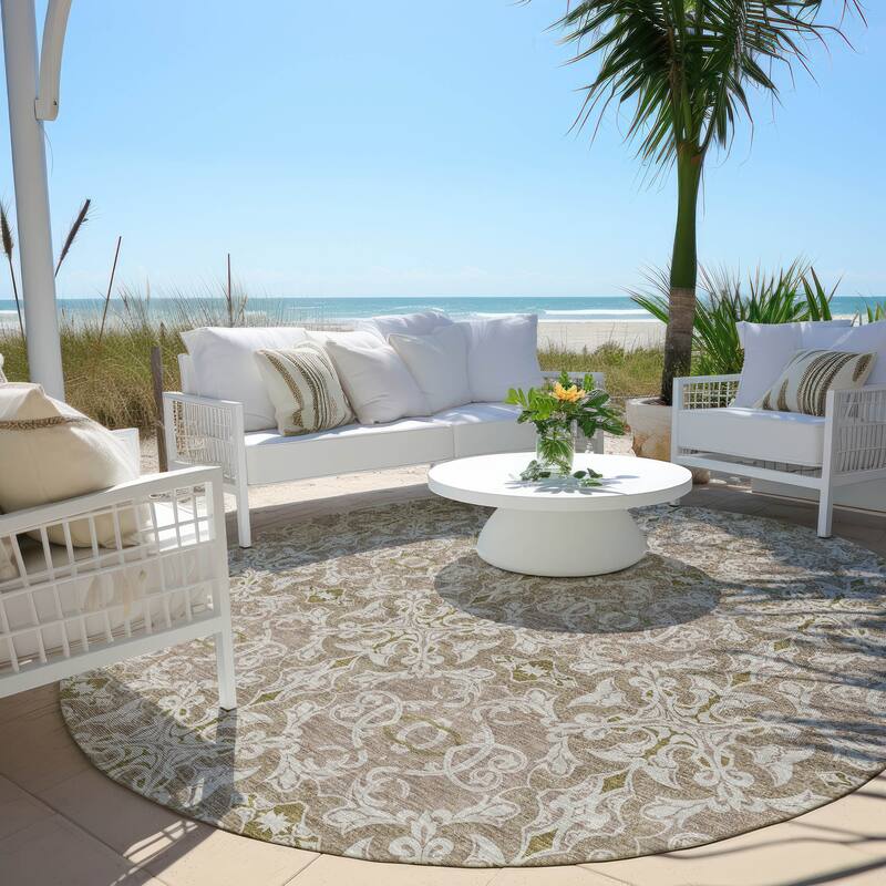 Machine Washable Indoor/ Outdoor Chantille Traditional Medallions Rug - Mocha - 8' x 8'