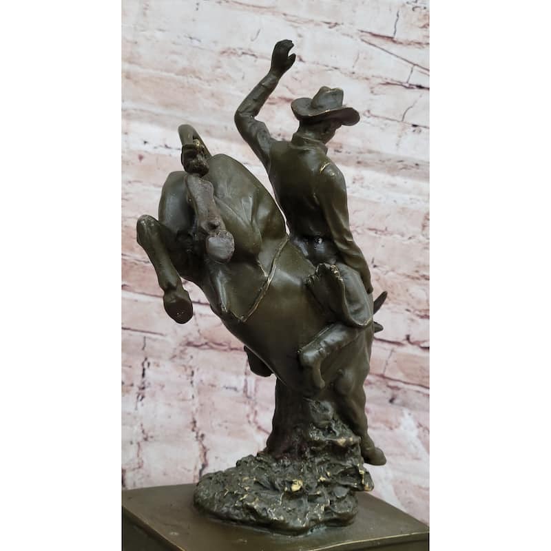 Bronze Imitative Bull Rider Sculpture On Marble Base – Western Rodeo Art